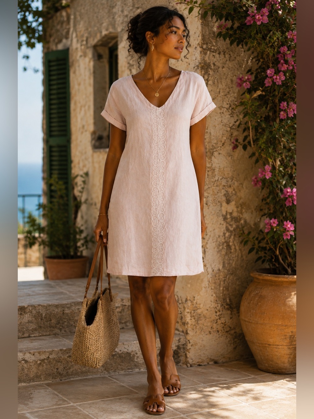Valentina Naldi Light Pink 100% Linen V-Neck Tunic Embroidered Center Size Med